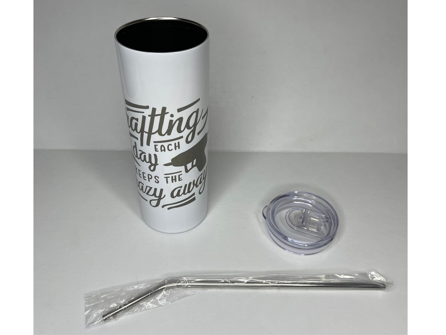 20 ounce Tumbler, white, "Crafting Each Day Keeps The Crazy Away"