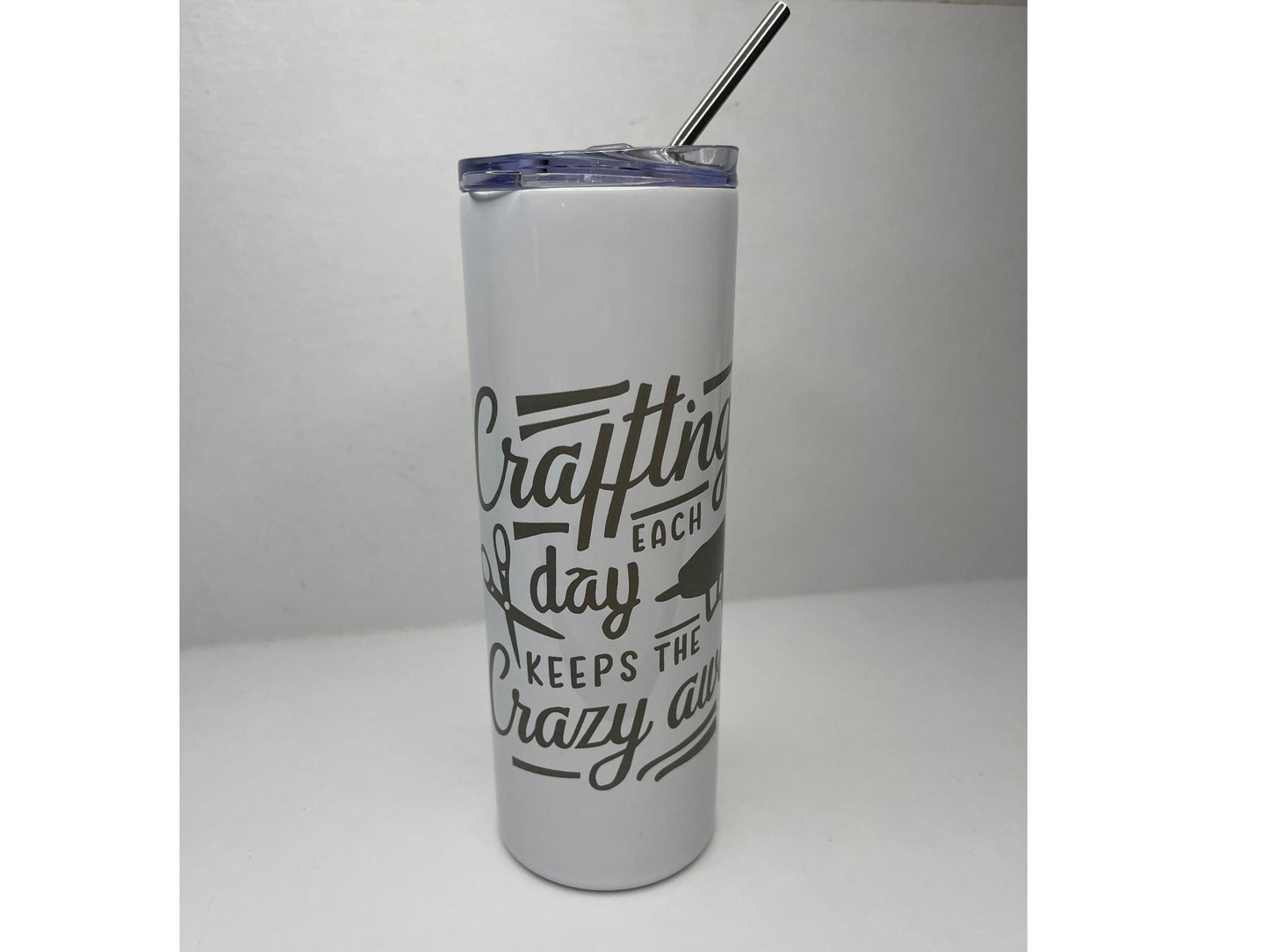 20 ounce Tumbler, white, "Crafting Each Day Keeps The Crazy Away"